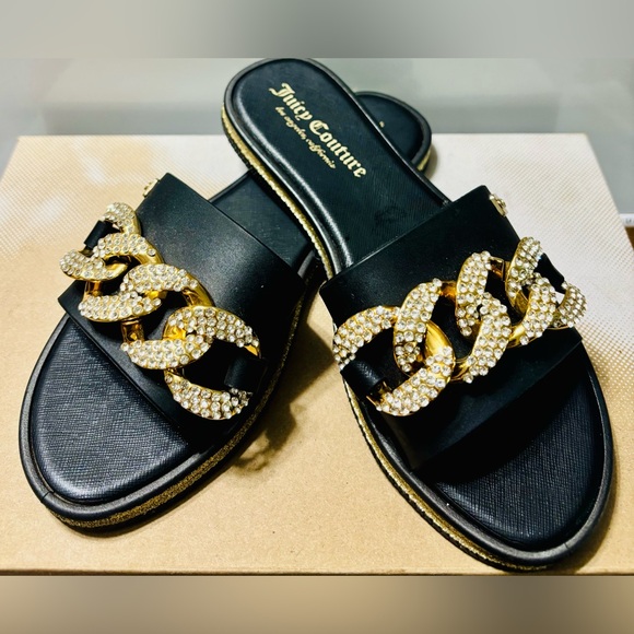 Juicy Couture Black Sandals with Gold Chain Embellishment - Picture 1 of 10